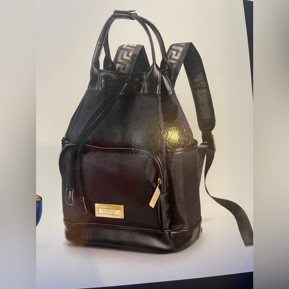 Versace Black Leather Backpack with Gold Accents